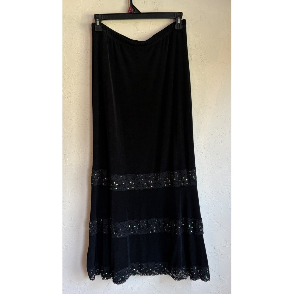 Vintage 90s Y2K Black Beaded Lace Maxi Skirt L Sequin Whimsigoth Witchy Goth